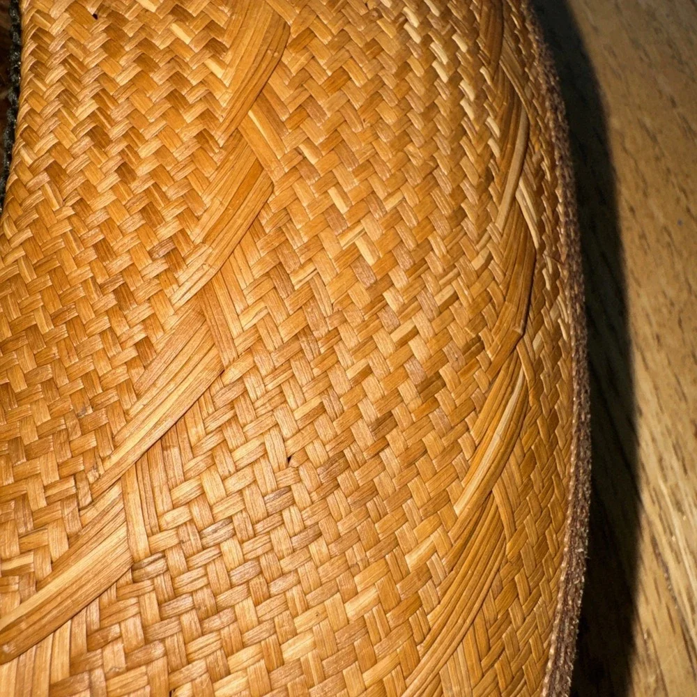 VTG  WW Straw Fedora Hat Brown Woven Wide Brim Grosgrain Green Band Columbia M